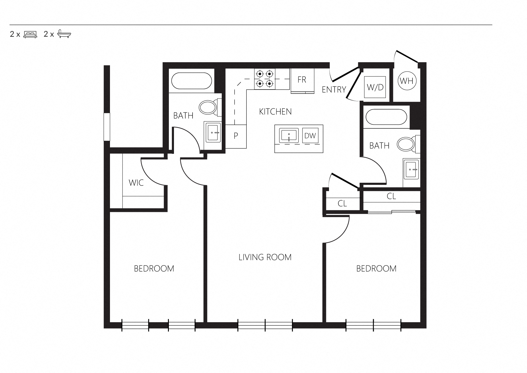 Floor plan for 2 beds, 2 baths, 882 sqft